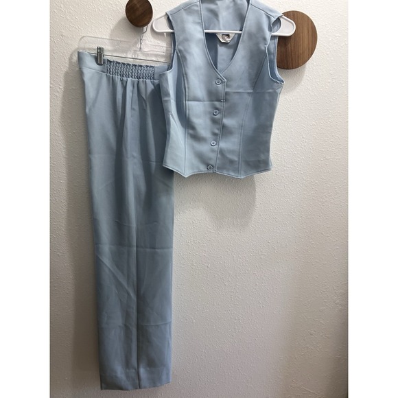 Montgomery Ward Pants - VTG 1970s Women's XS/S 2 Piece Set Powder Blue Button Up Vest & Wide Leg Pants